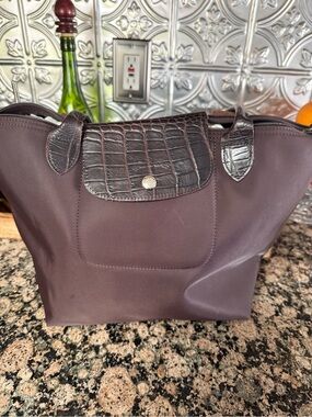 Longchamp Small Tote in Dark Brown Nylon with Croc-Embossed Trim